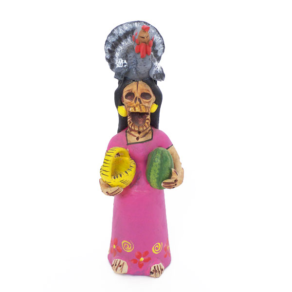 七面鳥・カゴ・スイカを売る市場のガイコツの人形